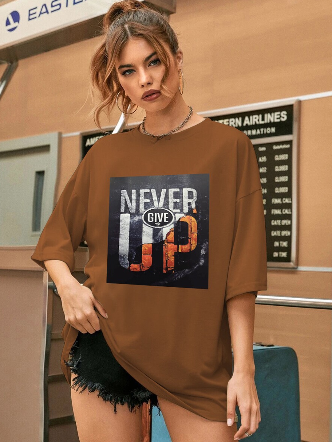 CHKOKKO Typography Printed Round Neck Drop-Shoulder Sleeves Oversized T-shirt, Gold