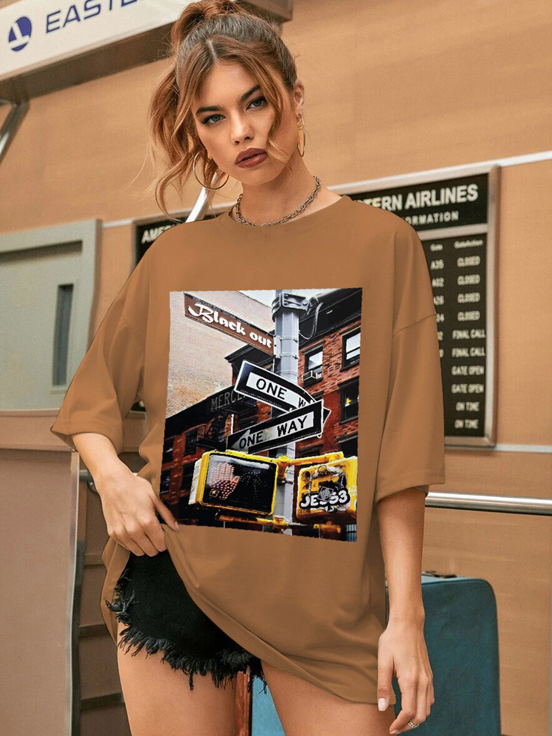 

CHKOKKO Graphic Printed Round Neck Drop-Shoulder Sleeves Oversized T-shirt, Gold