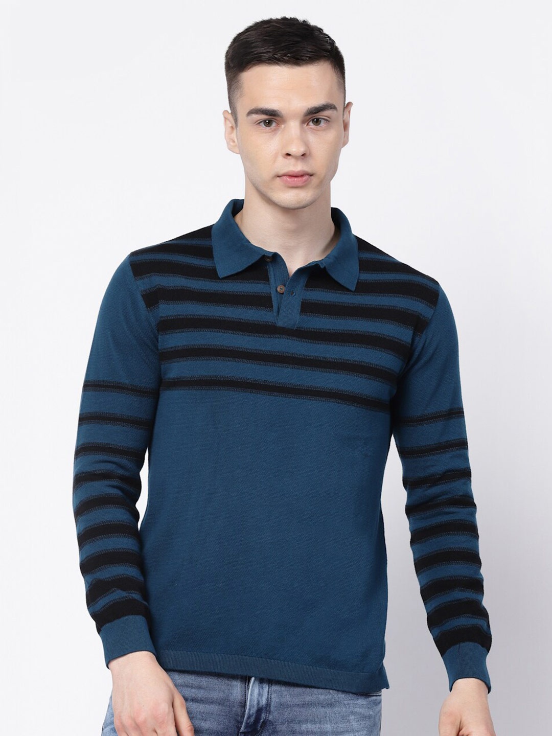 

Kalt Striped Long Sleeves Polo Collar T-shirt, Teal