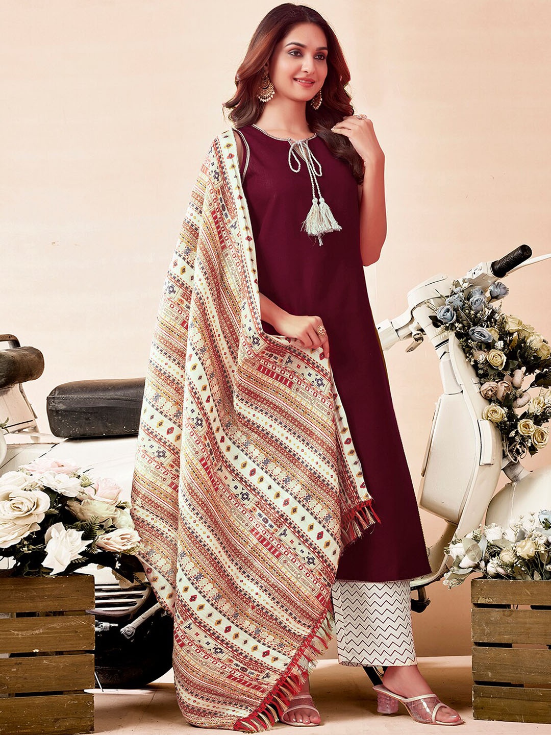 

KALINI Tie-Up Neck Sleeveless Regular Kurta With Trousers & Dupatta, Maroon