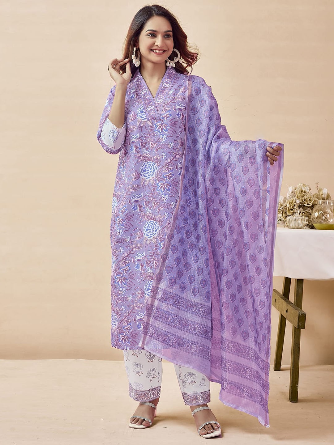 

KALINI Floral Printed V-Neck Regular Kurta With Trousers & Dupatta, Lavender