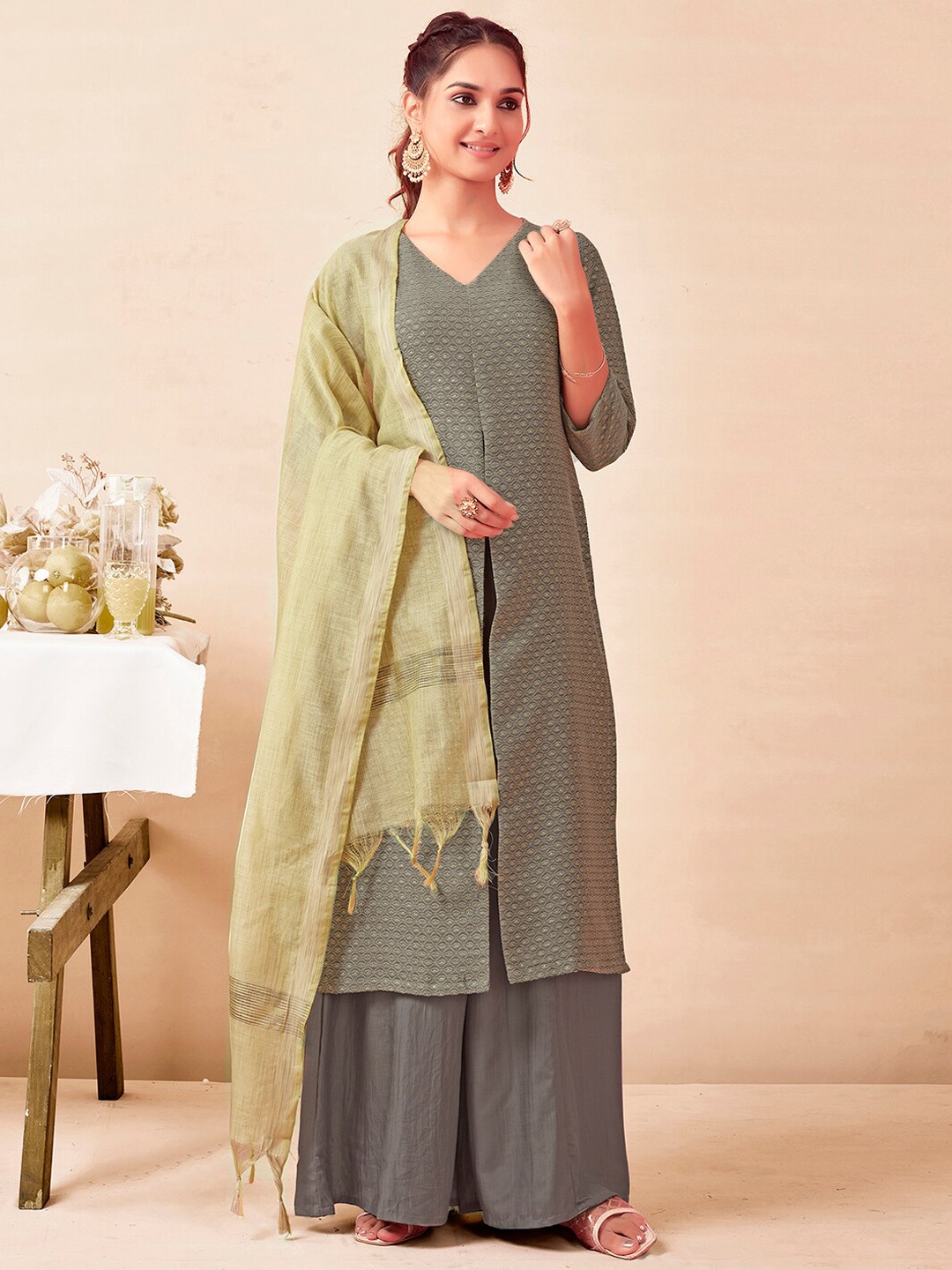 

KALINI V-Neck Kurta With Palazzos & Dupatta, Beige