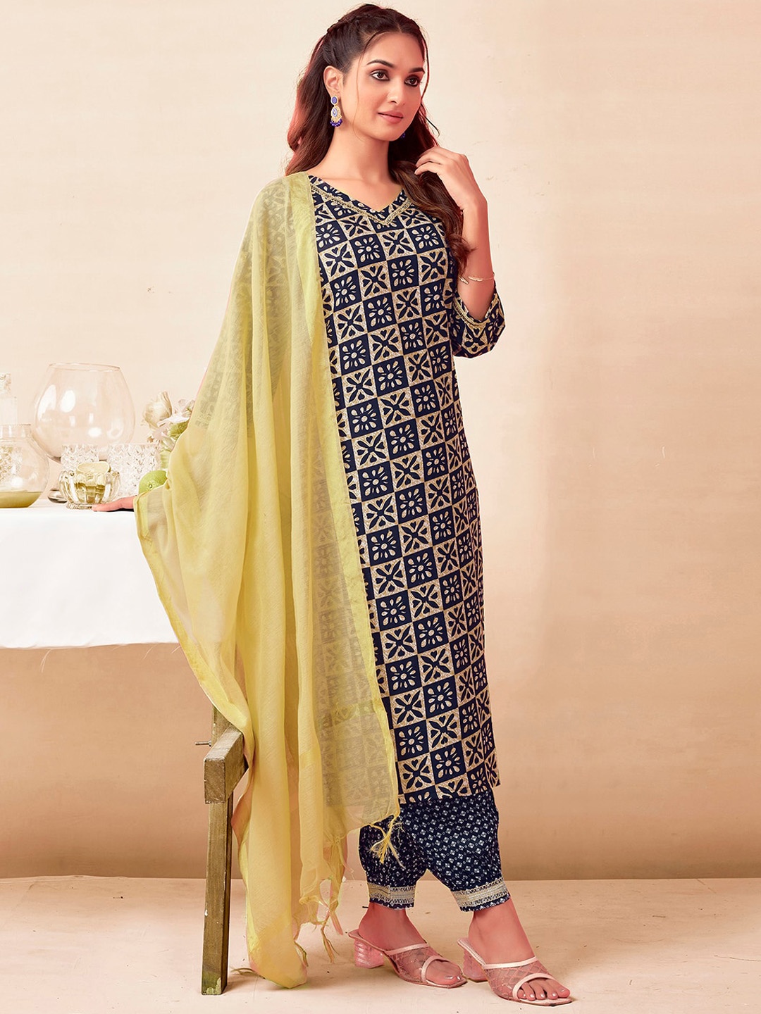

KALINI Ethnic Motifs Printed V-Neck Regular Kurta with Salwar & Dupatta, Navy blue