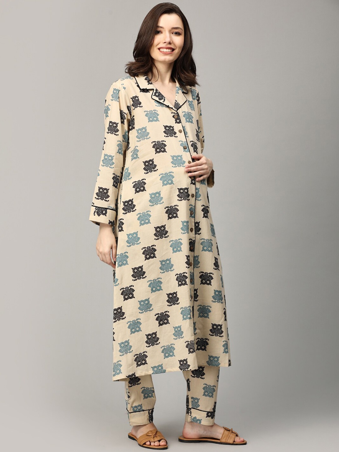 

The Mom Store Conversational Printed Pure Cotton Maternity Night Suit, Beige