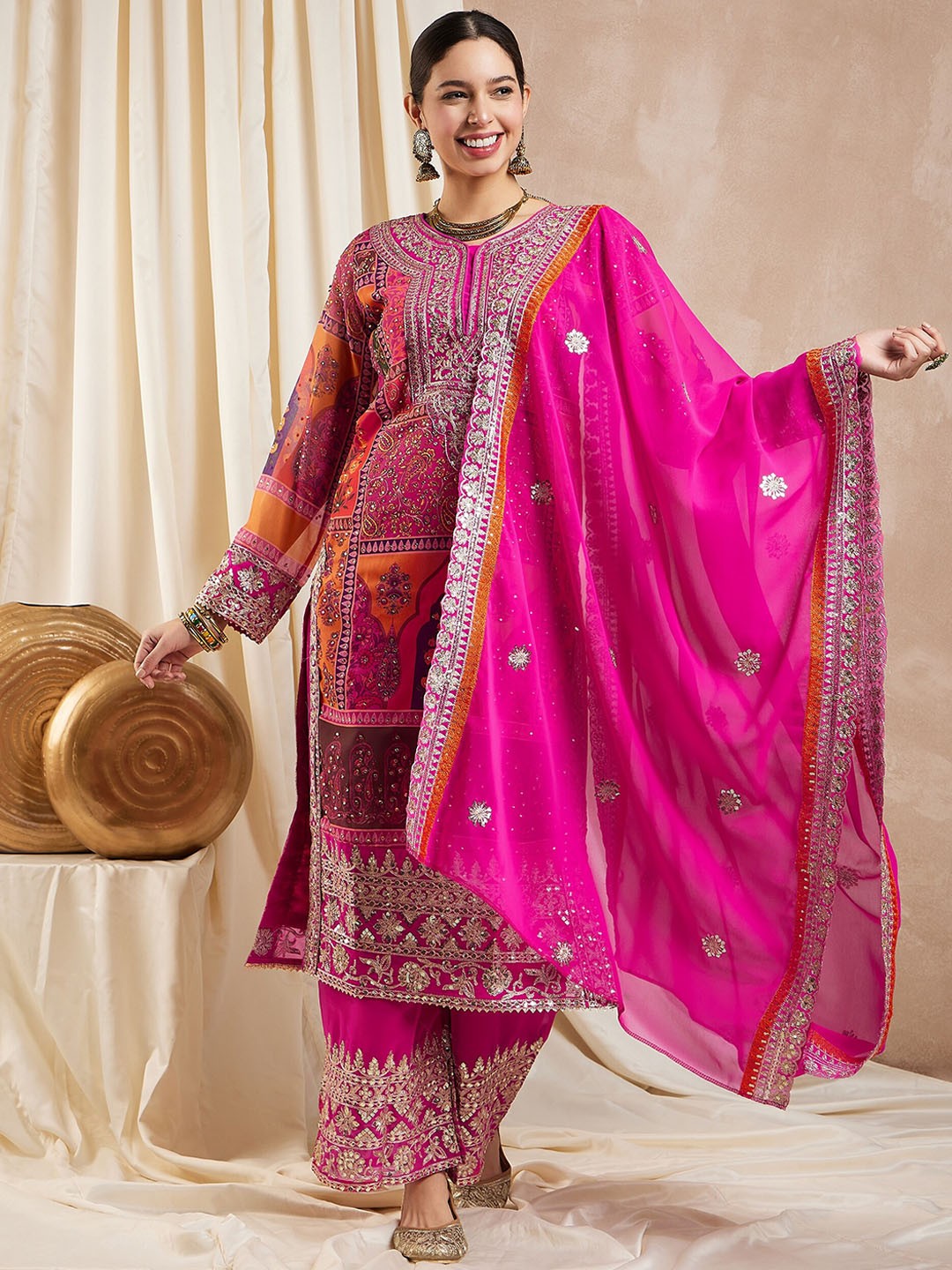 

RAJGRANTH Pink Floral Embroidered Beads and Stones Straight Kurta with Palazzos & Dupatta