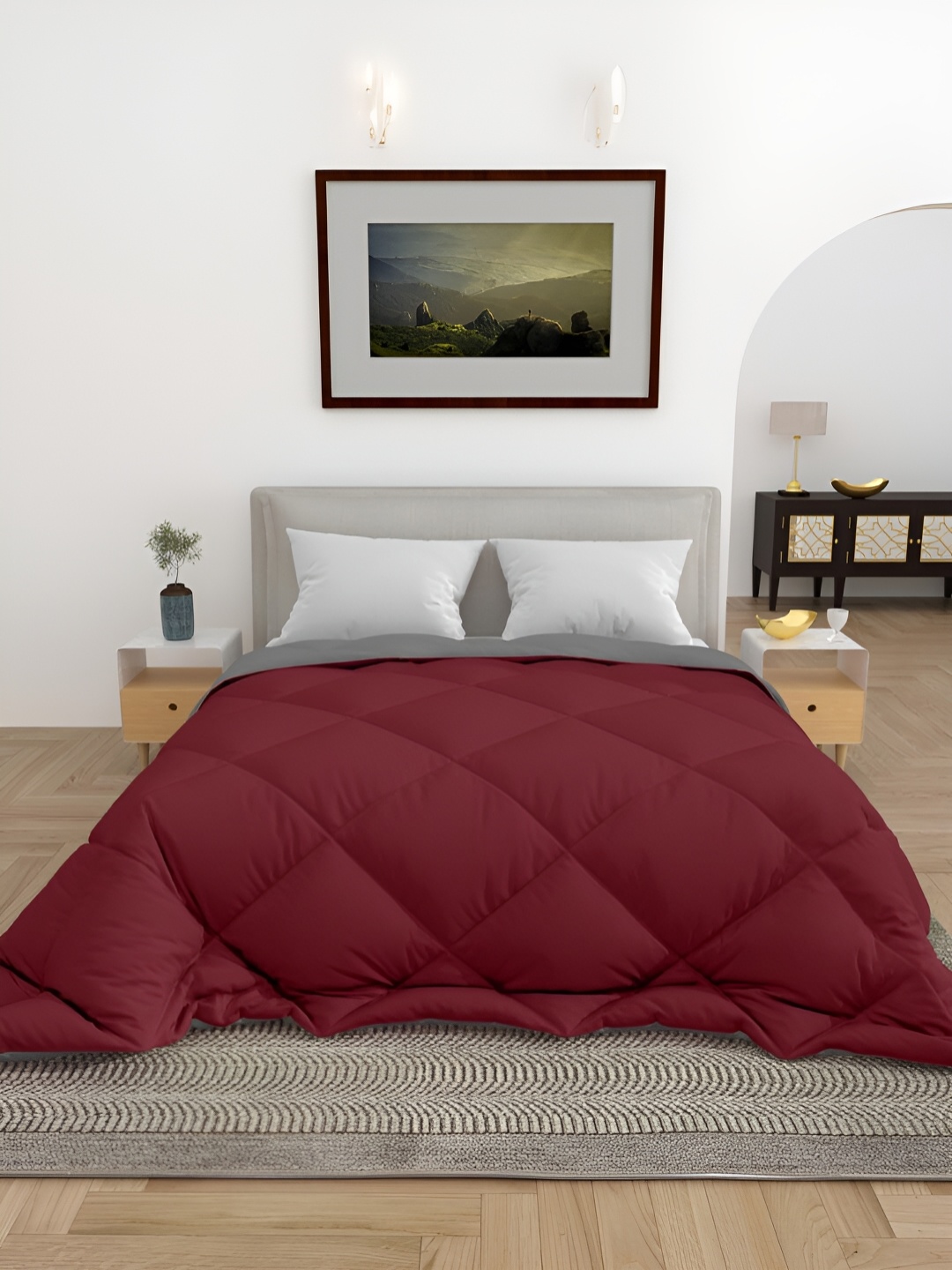 

CHICERY Grey & Maroon Microfiber 300 GSM Double Bed Reversible Comforter