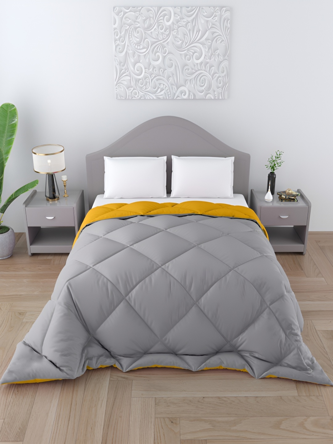 

CHICERY Grey & Yellow Microfiber Reversible Double Bed Comforter