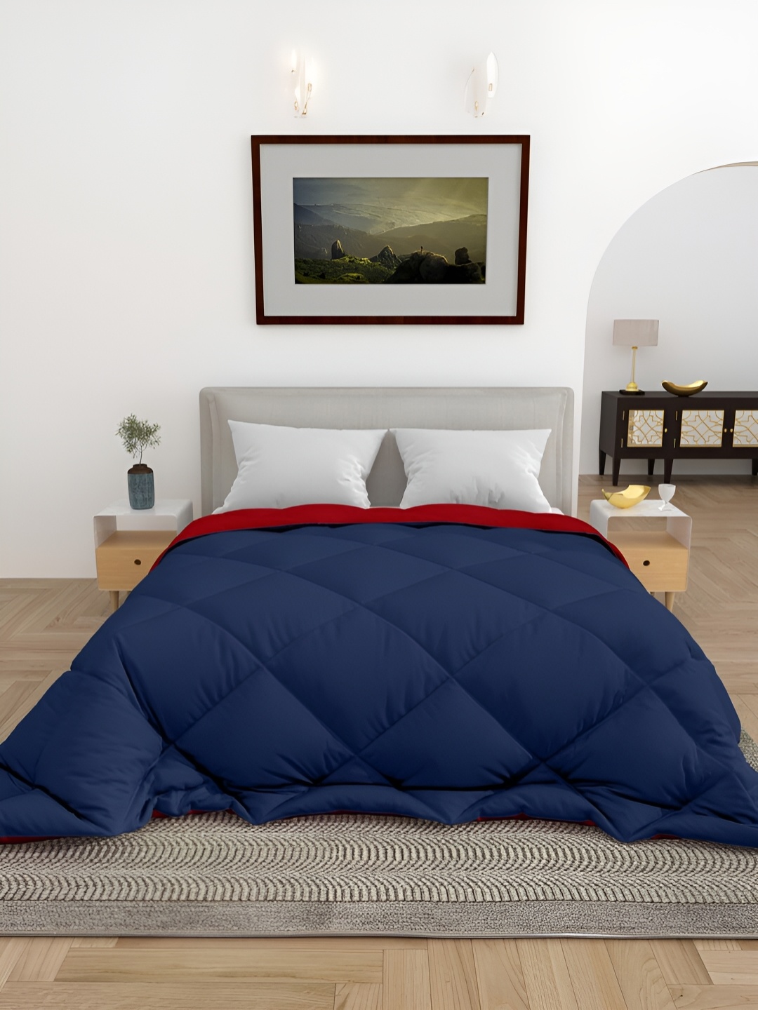 

CHICERY Navy Blue & Red Microfiber 300 GSM Reversible Double Bed Comforter