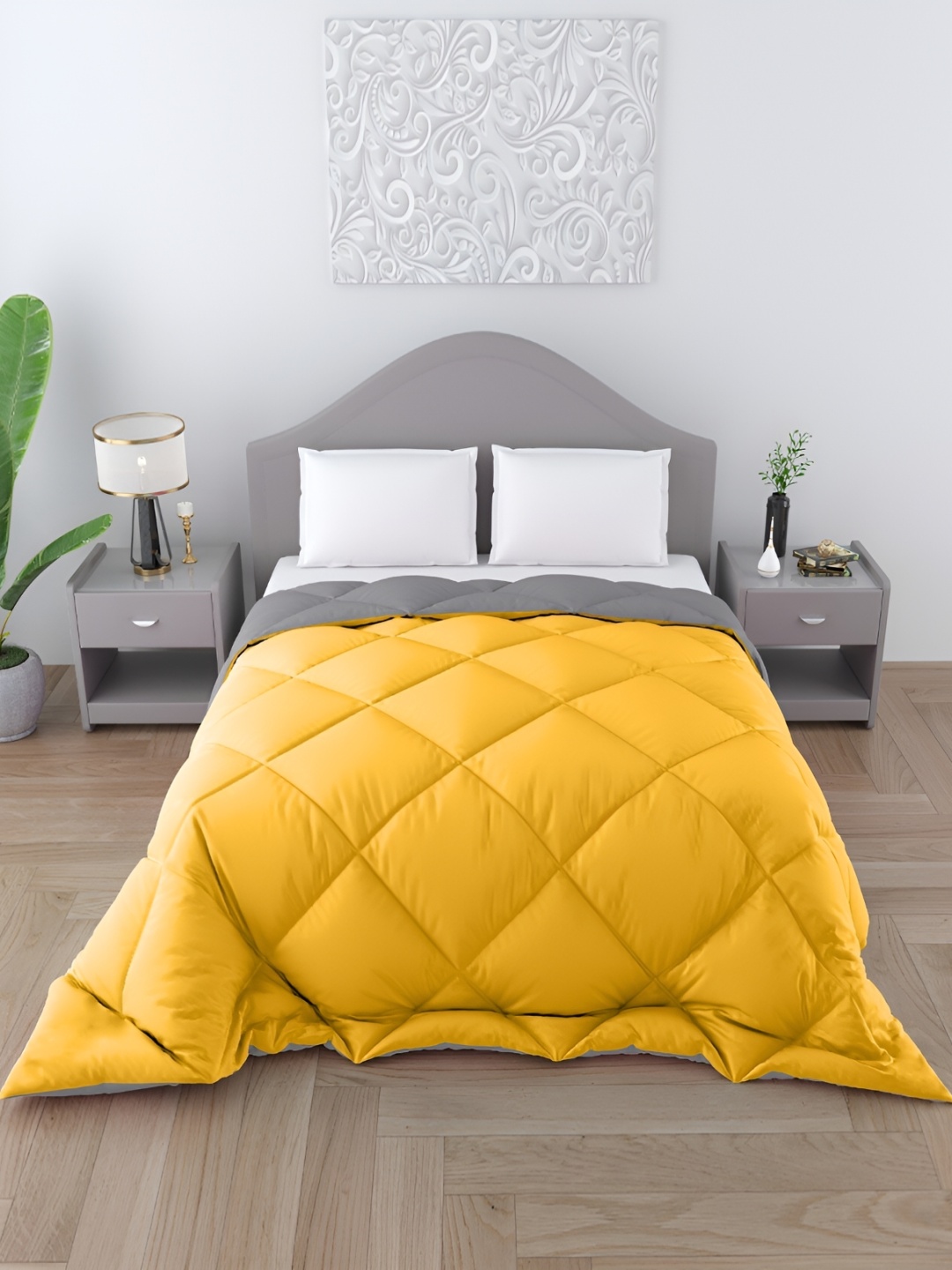 

CHICERY Yellow & Grey Microfiber 300 GSM Reversible Double Bed Comforter