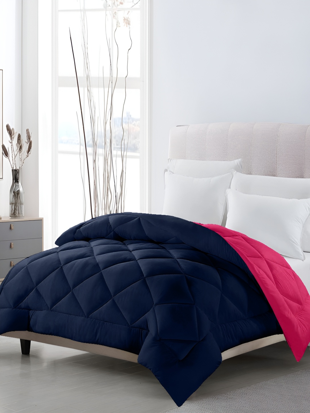 

CHICERY Navy Blue & Pink 300 GSM Reversible Double Bed Comforter