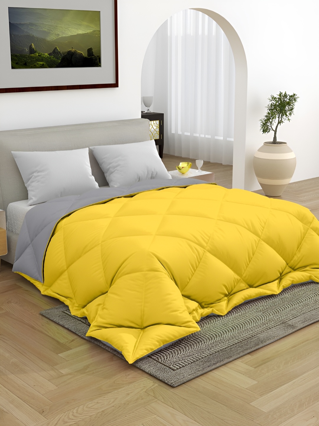 

CHICERY Grey & Yellow Microfiber 300 GSM Reversible Double Bed Comforter