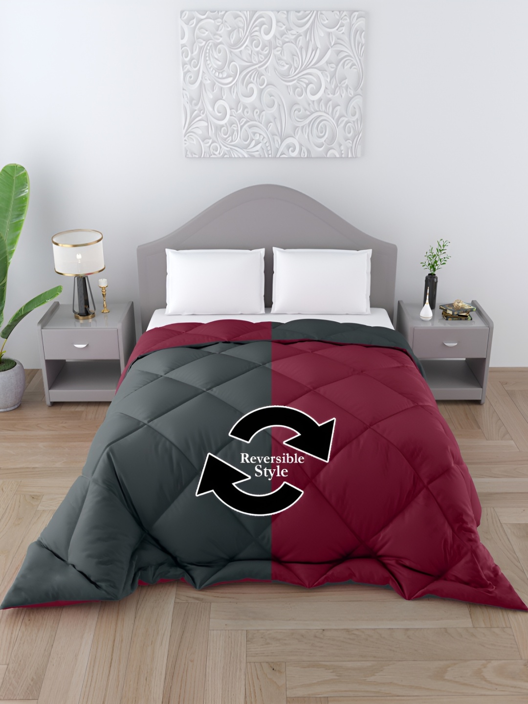 

CHICERY Maroon & Grey Microfiber 300 GSM Reversible Single Bed Comforter