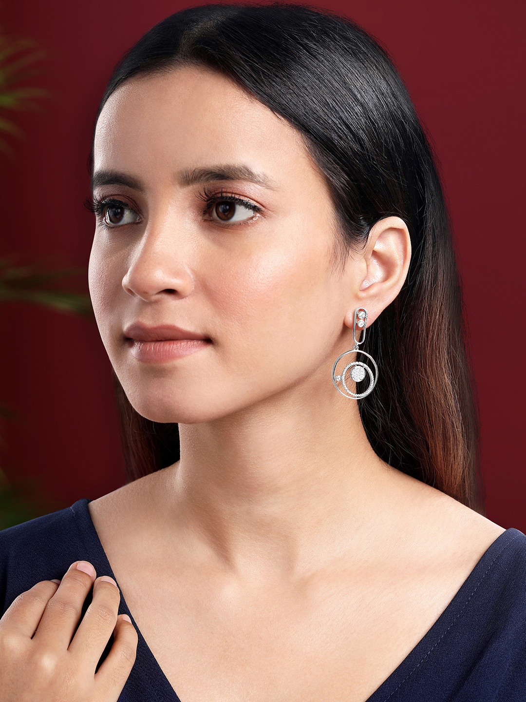 Peora Silver Plated Cubic Zirconia Studded Contemporary Drop Earrings