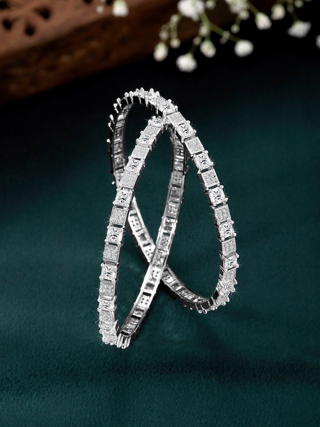 

Peora Set Of 2 Silver Plated CZ Studded Bangles