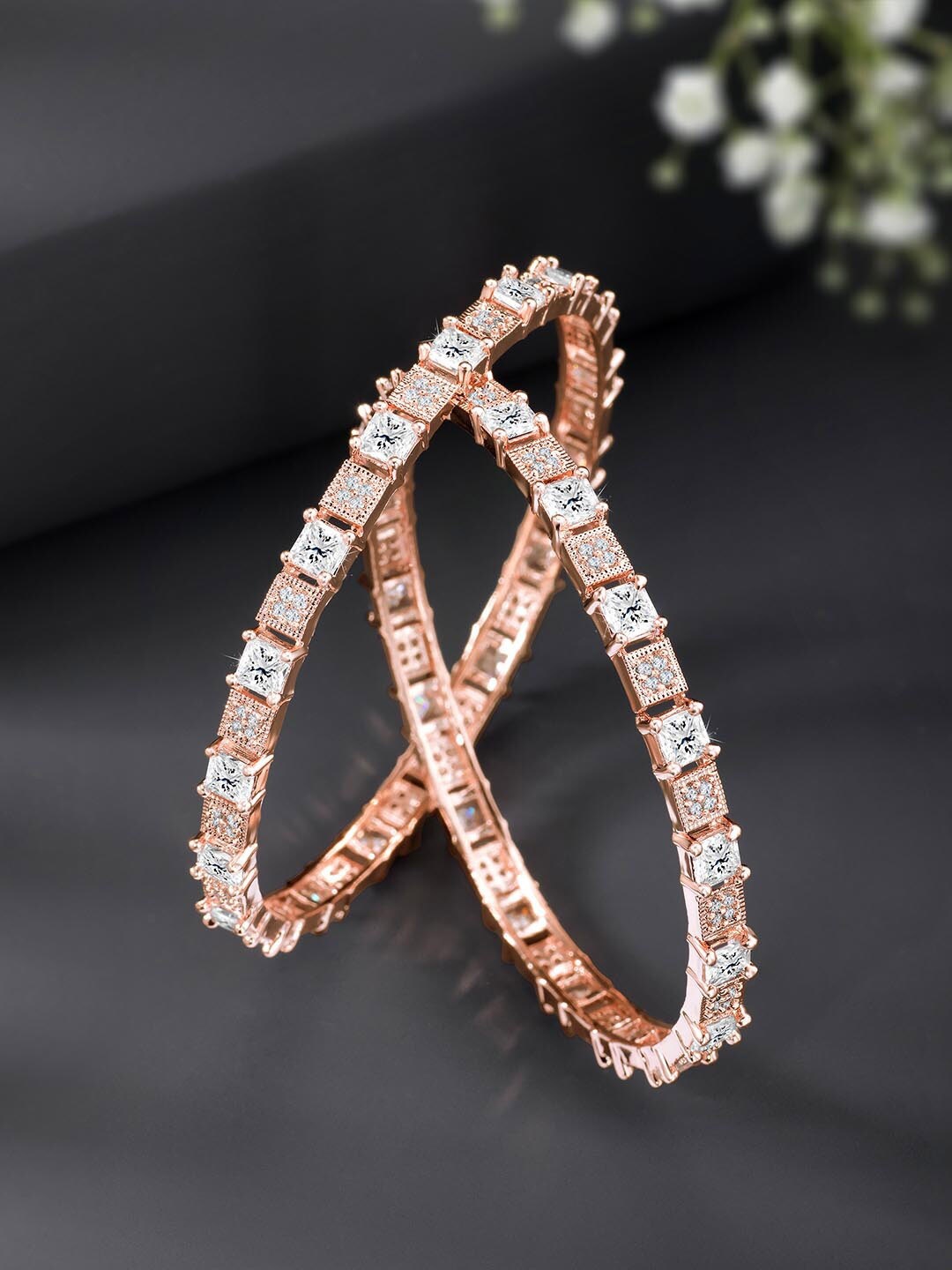 

Peora Set Of 2 Rose Gold-Plated Cubic Zirconia Studded Bangle