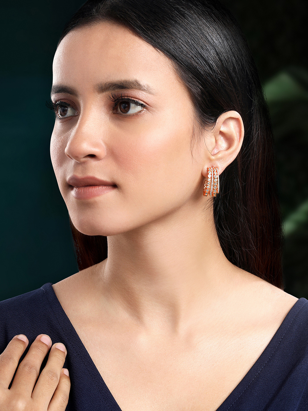 

Peora Gold Plated Cubic Zirconia Studded Half Hoop Earrings, Rose gold
