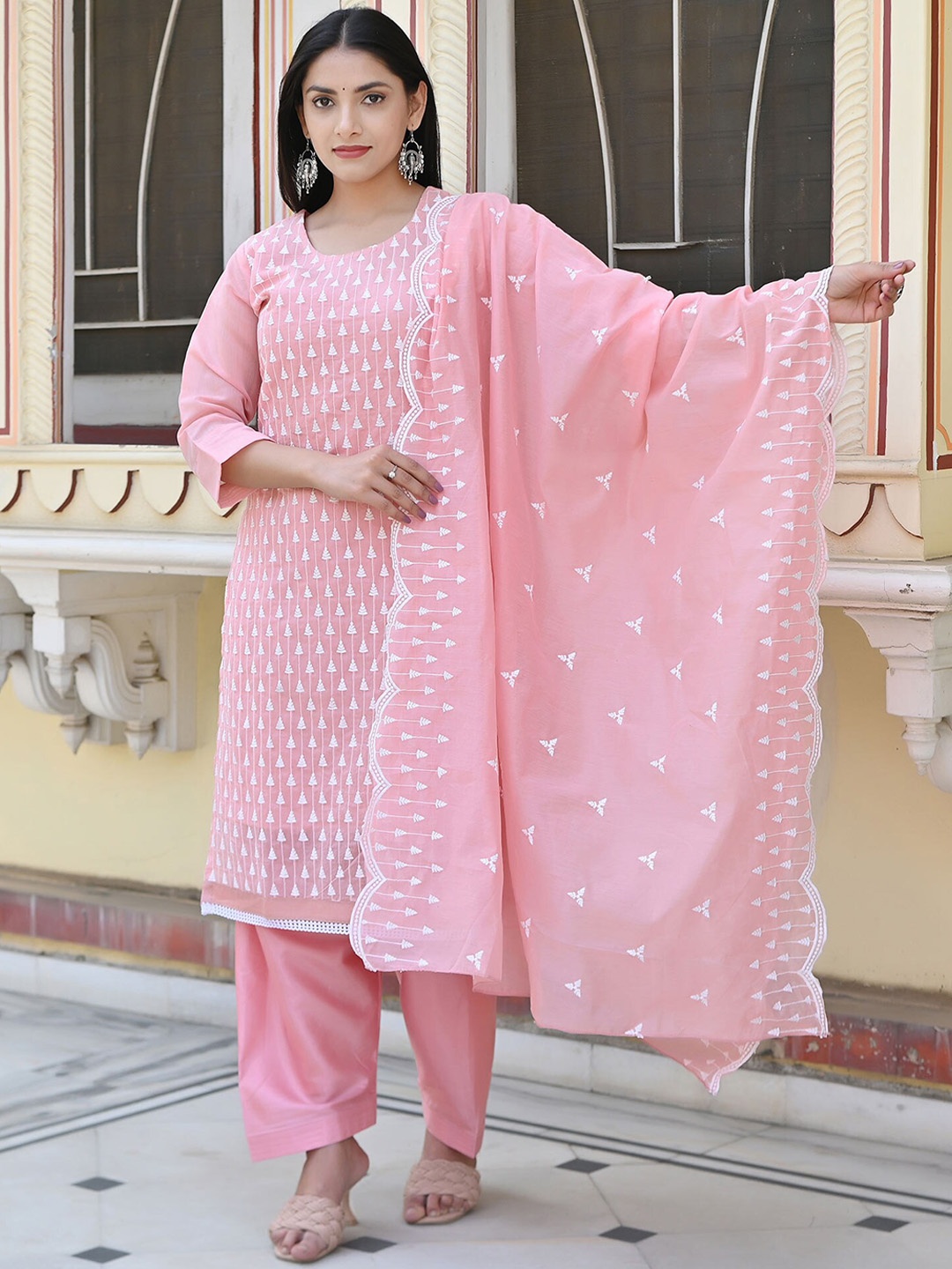 

Peachmode Floral Embroidered Regular Straight Chanderi Silk Kurta with Trousers & Dupatta, Pink