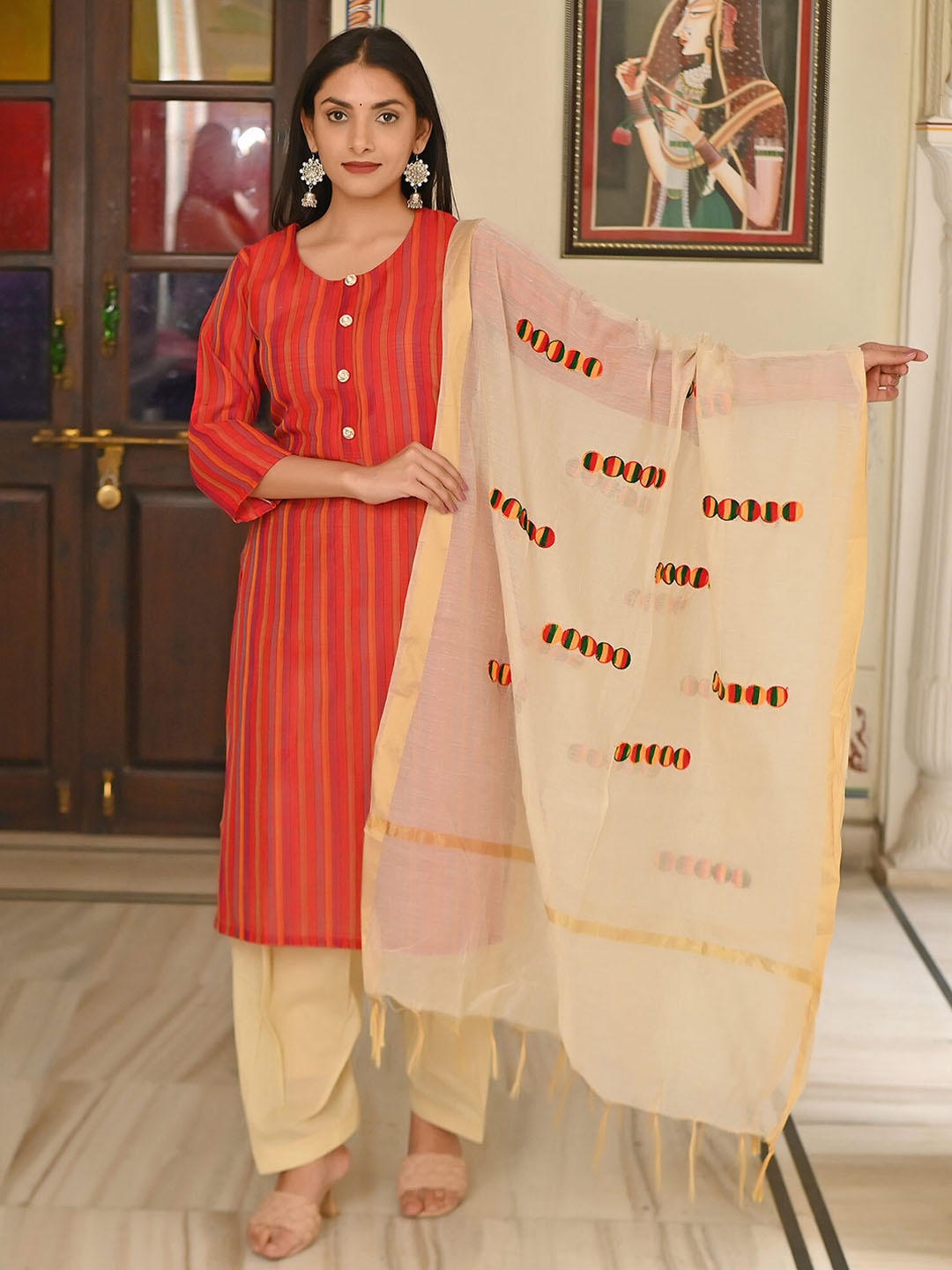 

Peachmode Striped Regular Pure Cotton Kurta with Trousers & Dupatta, Red