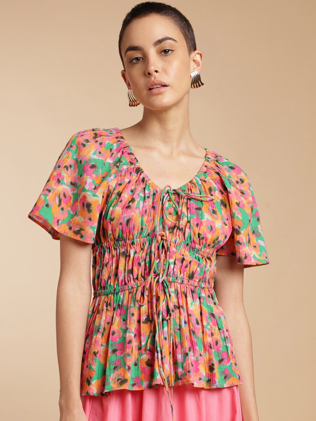 

H&M Cotton Printed Gathered Top, Pink