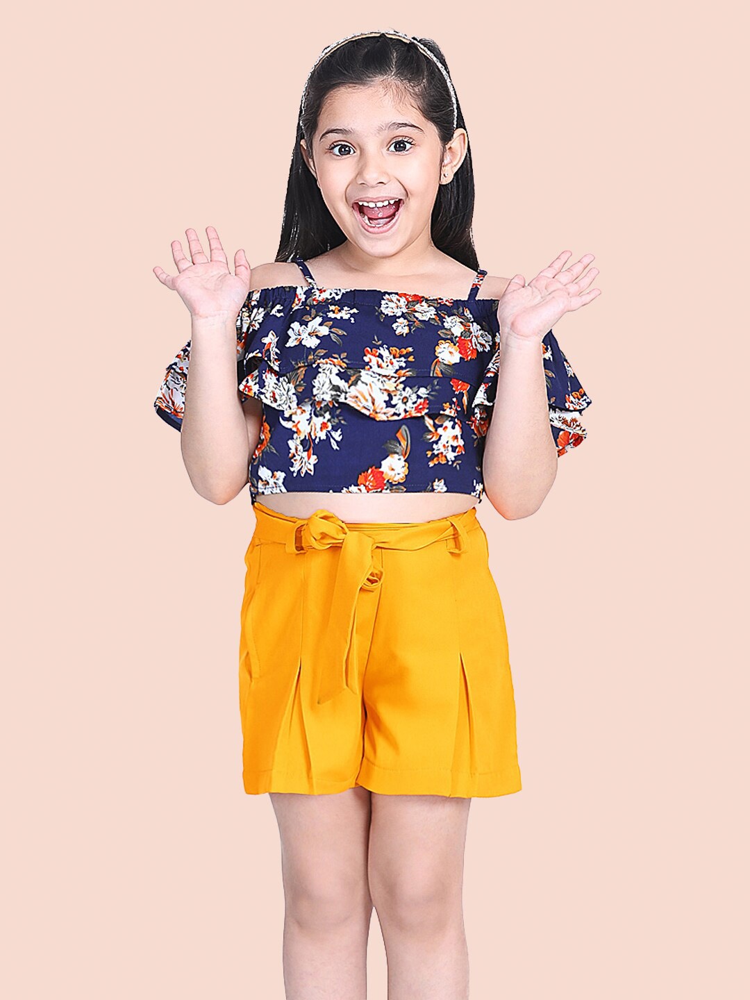 

BAESD Girls Floral Printed Top with Shorts, Navy blue