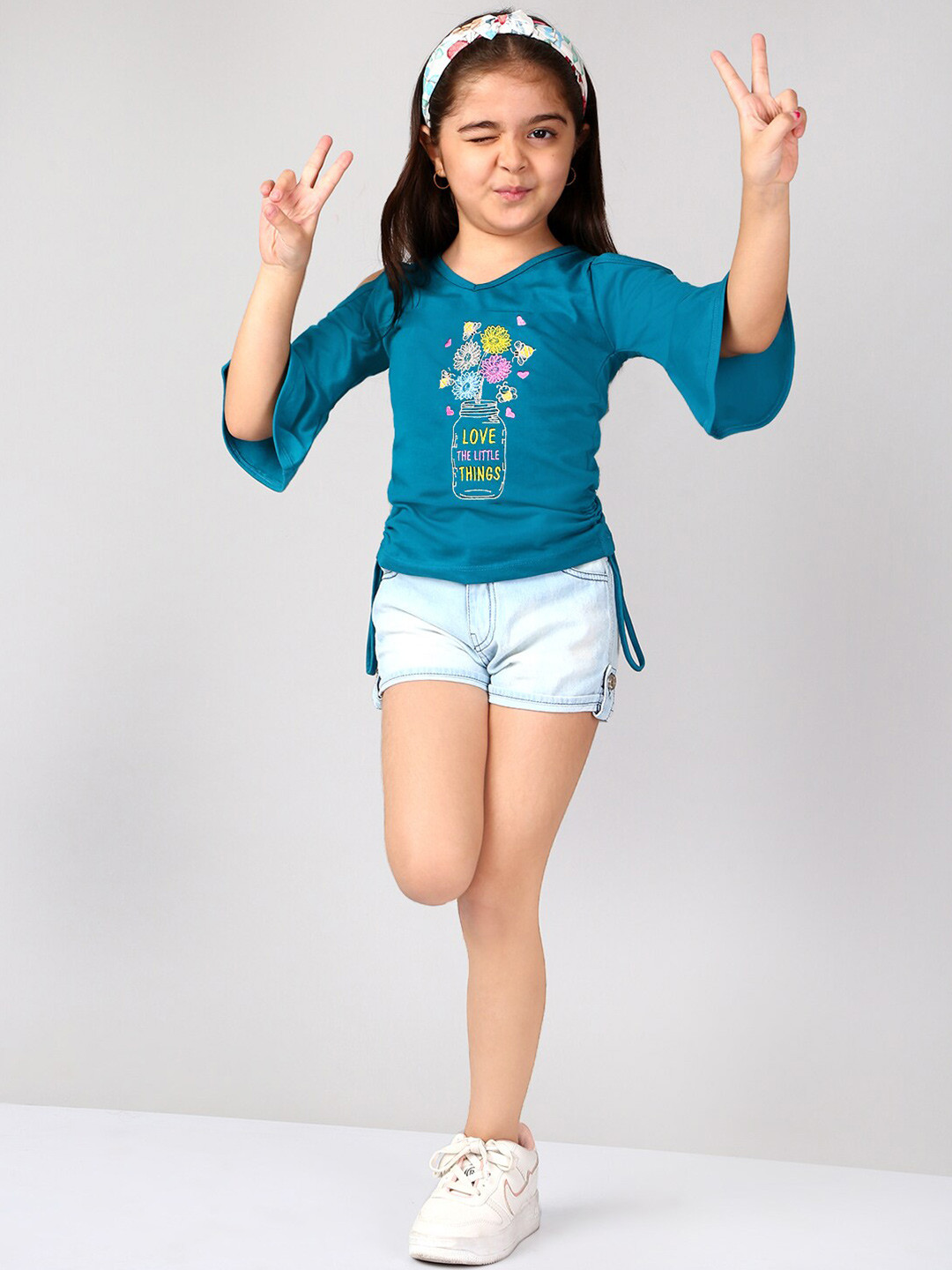 

BAESD Girls Floral Embroidered Cold-Shoulder Sleeves Top with Denim Shorts, Teal