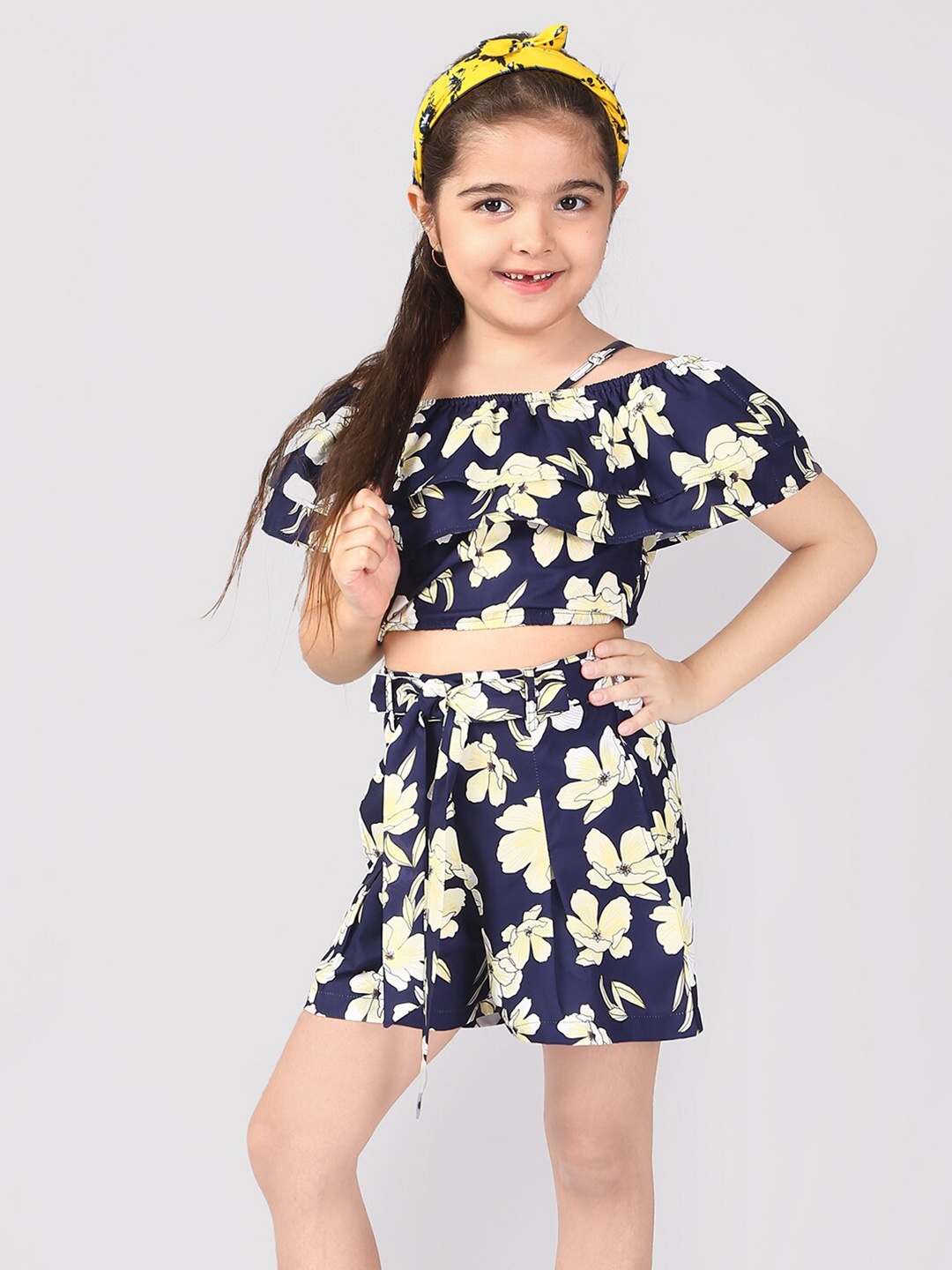

BAESD Girls Floral Printed Top with Shorts, Navy blue