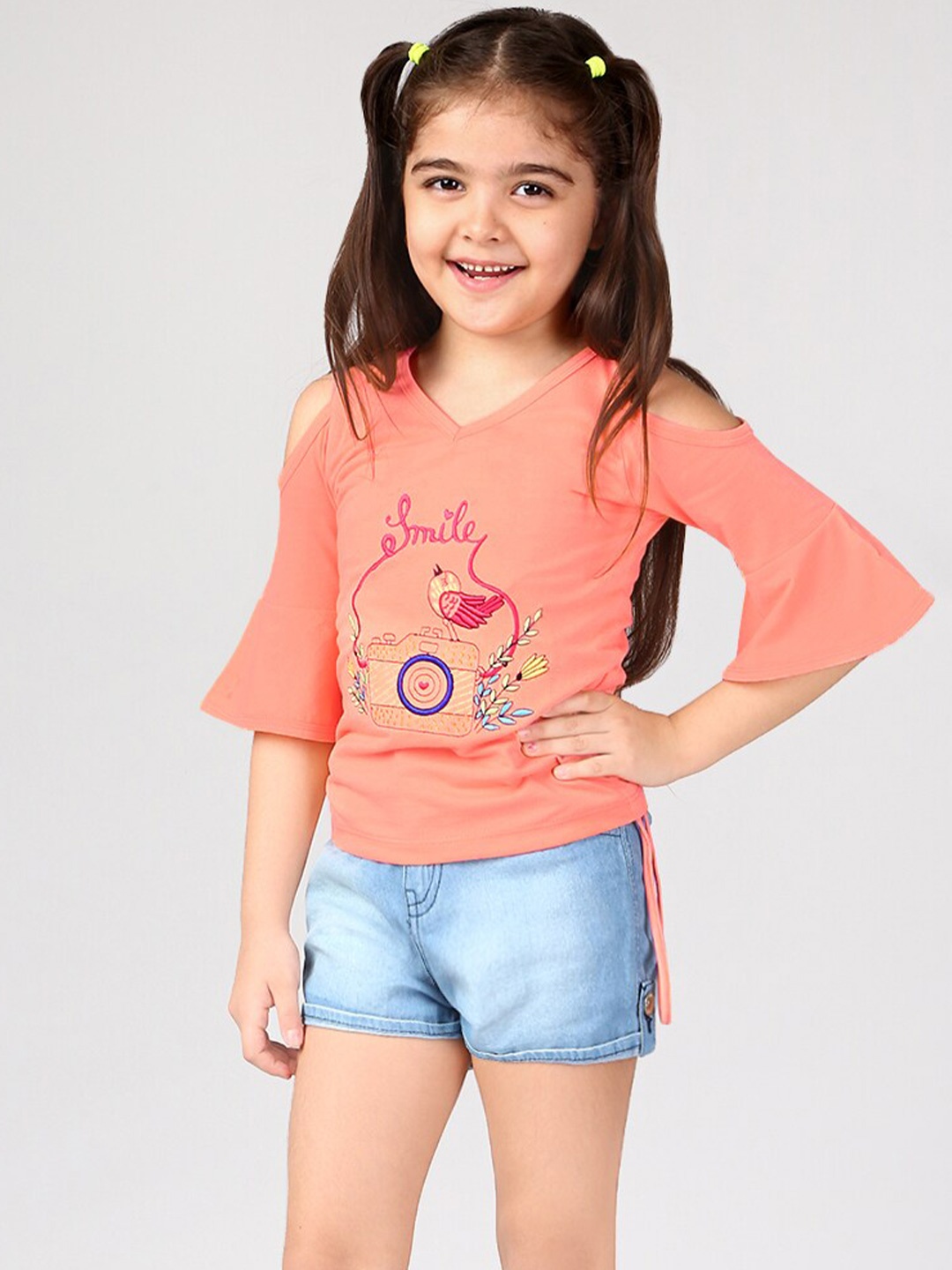 

BAESD Girls Floral Embroidered Cold-Shoulder Sleeves Top with Denim Shorts, Peach