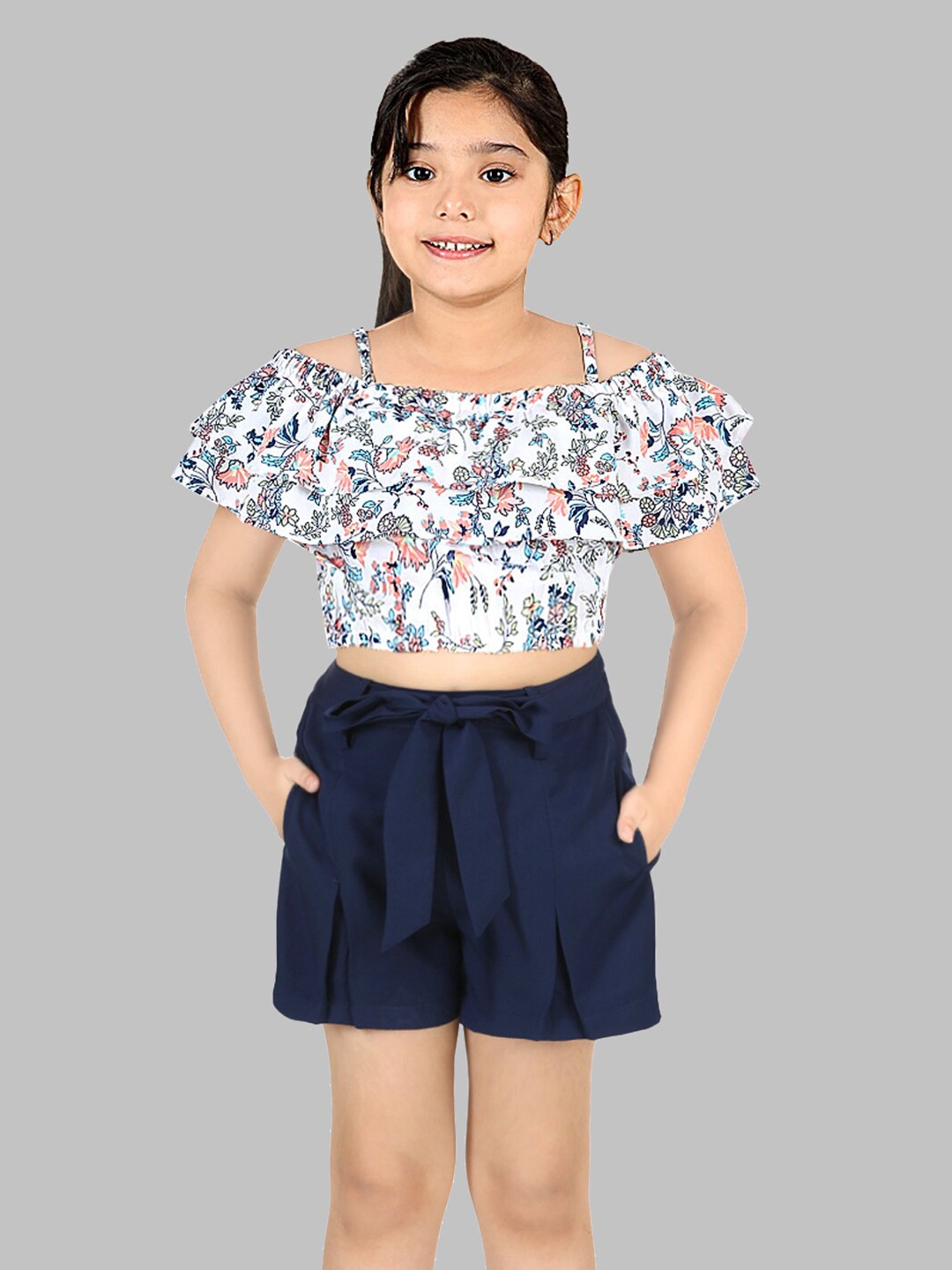 

BAESD Girls Floral Printed Top with Shorts, Off white