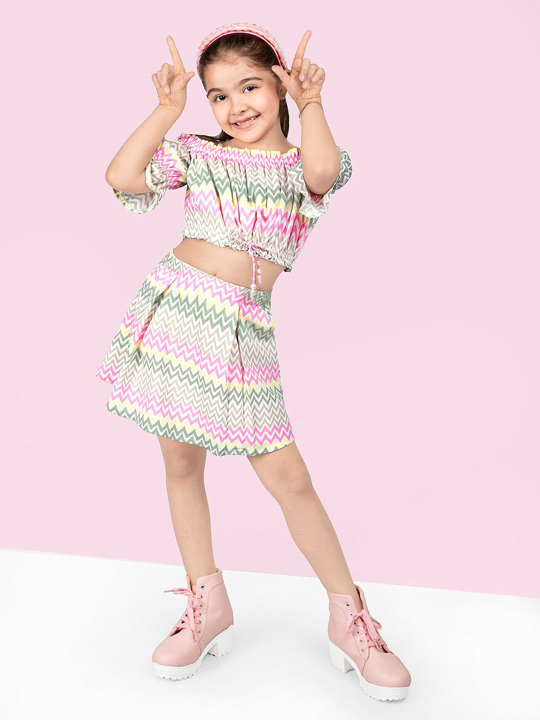 

BAESD Girls Printed Top With Skirt, Pink