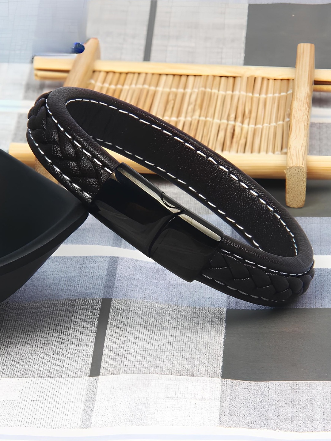 

KARISHMA KREATIONS Unisex Leather Braided Bracelet With Stainless Steel Clasps, Black