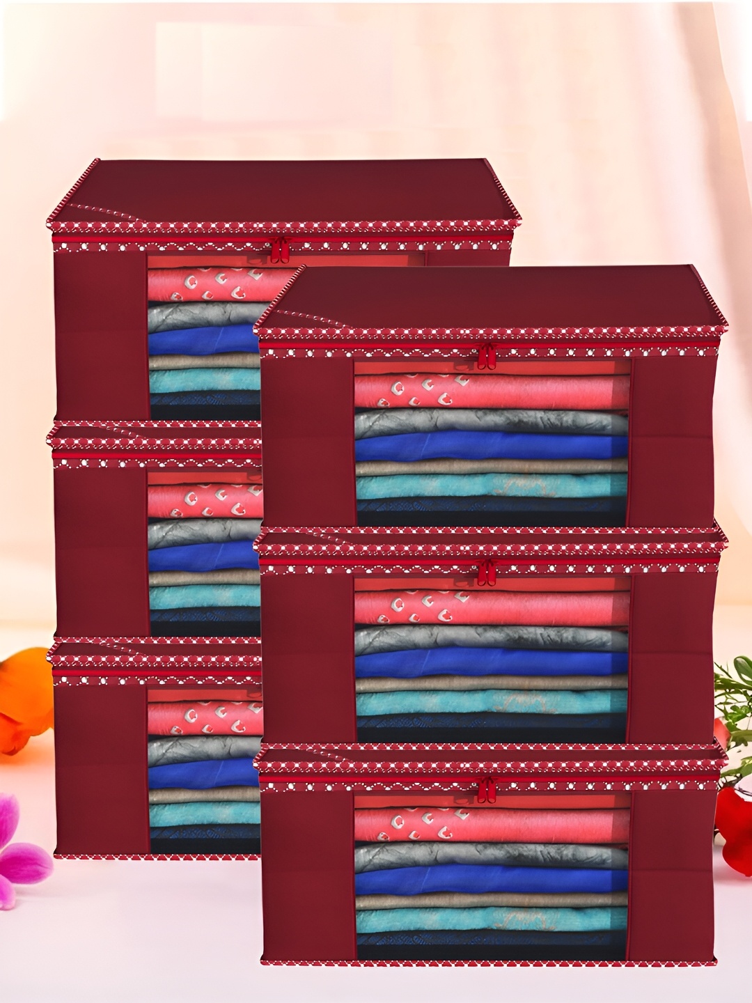 

Kuber Industries Maroon & White 6 Pieces Printed Reusable Multi-Utility Organisers