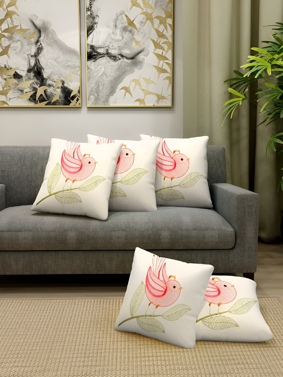 

Klotthe Set of 5 Off-White 16"X16" Embroidered Cotton Cushion Covers