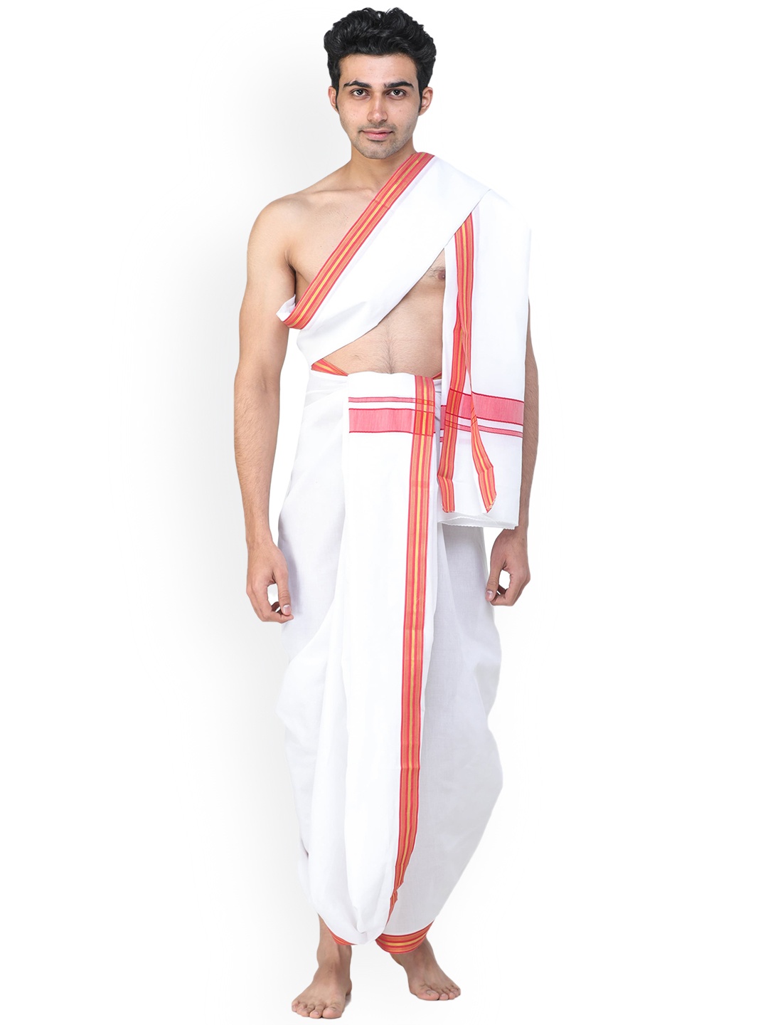 

Exotic India Dhoti & Angavastram Set with Thread Woven Border, White