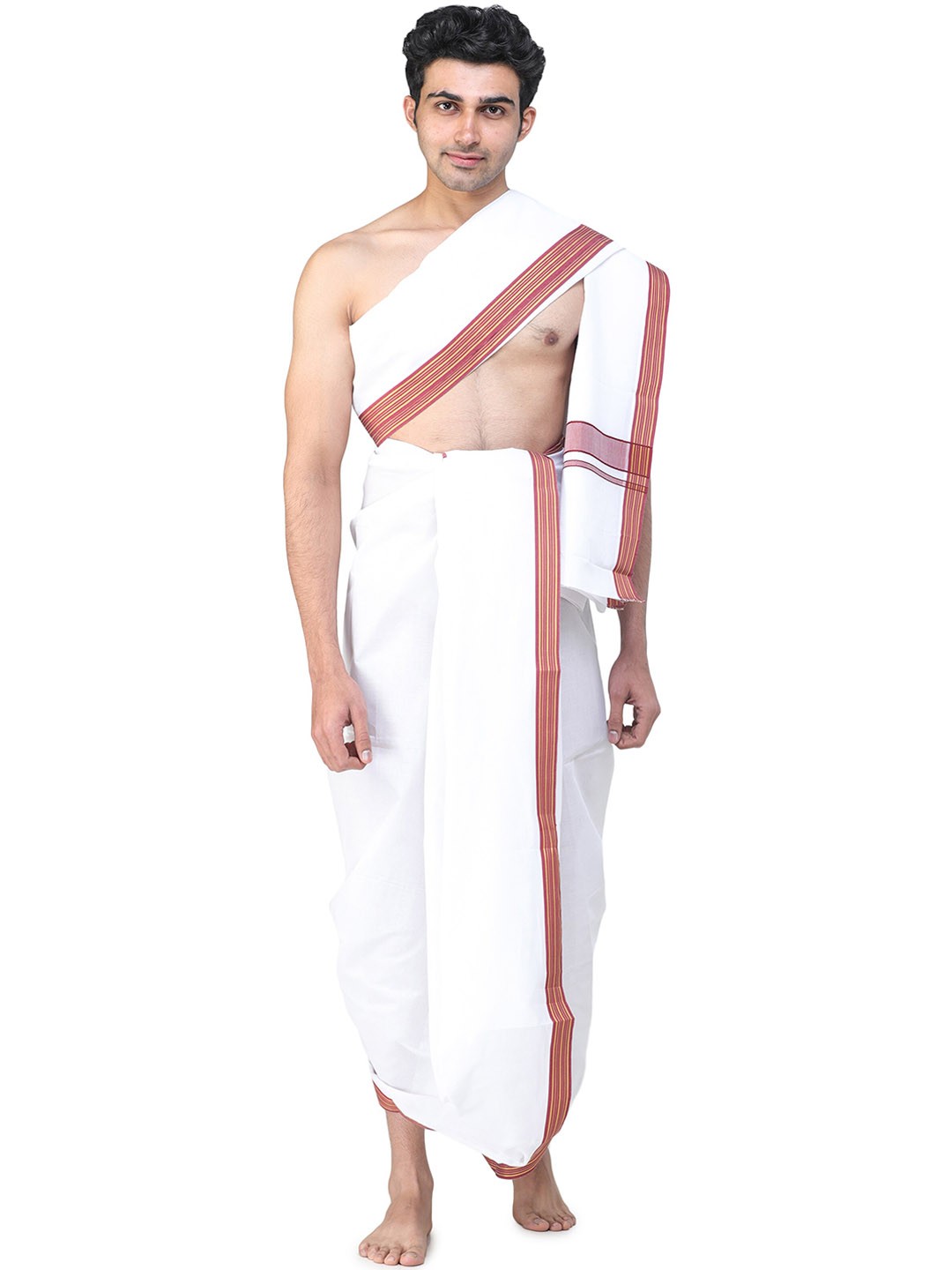 

Exotic India Plain Dhoti & Angavastram Set with Thread Woven Border, White