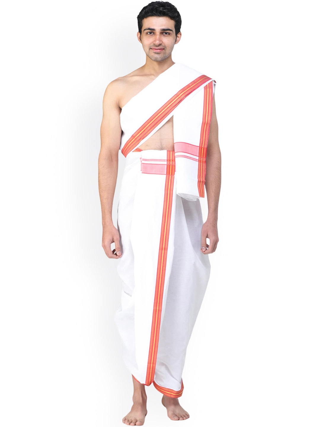 

Exotic India Men Molten-Lava Plain Dhoti & Angavastram Set, White