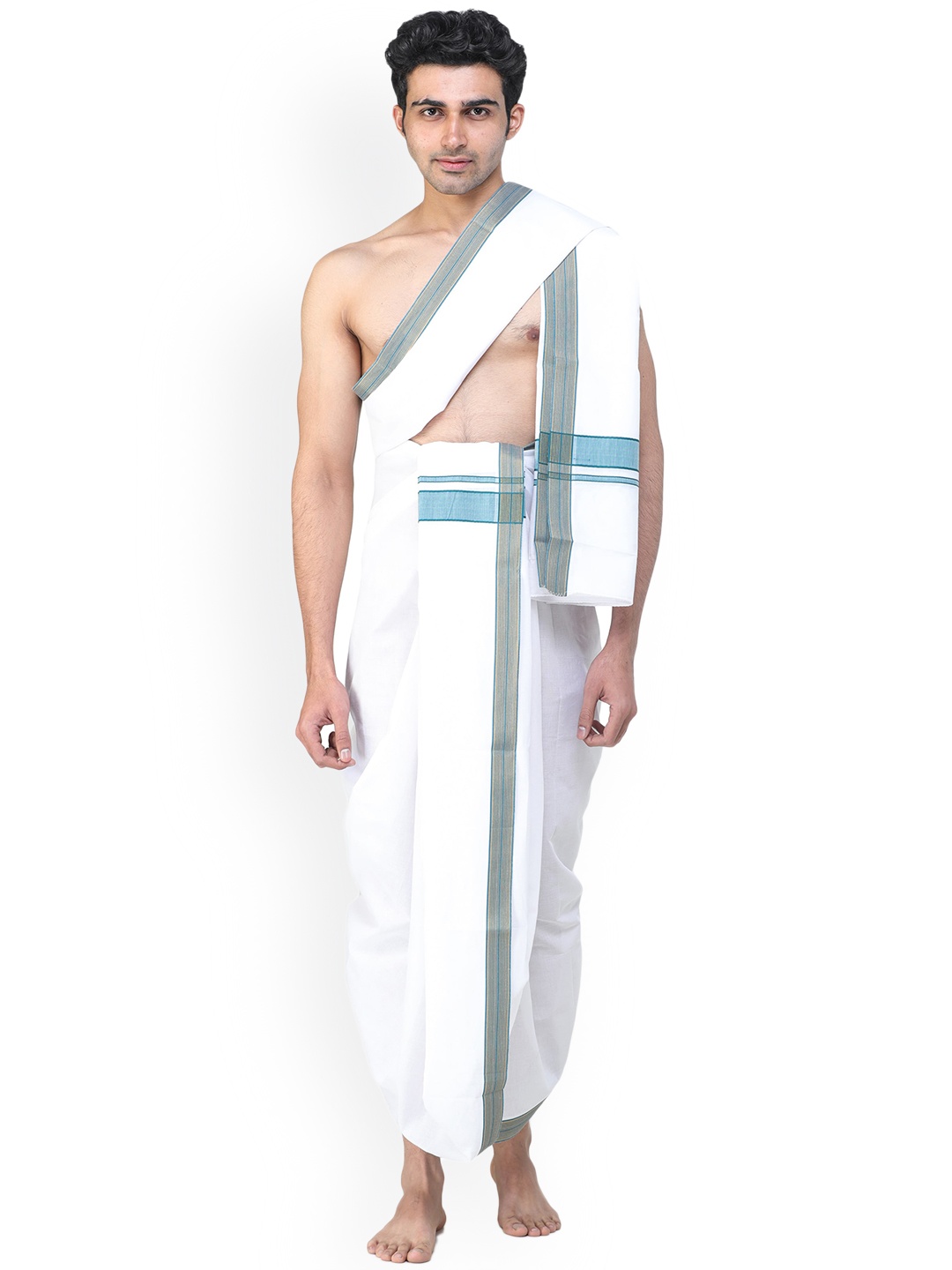 

Exotic India Alexandrite Plain Dhoti and Angavastram Set with Thread Woven Border, White