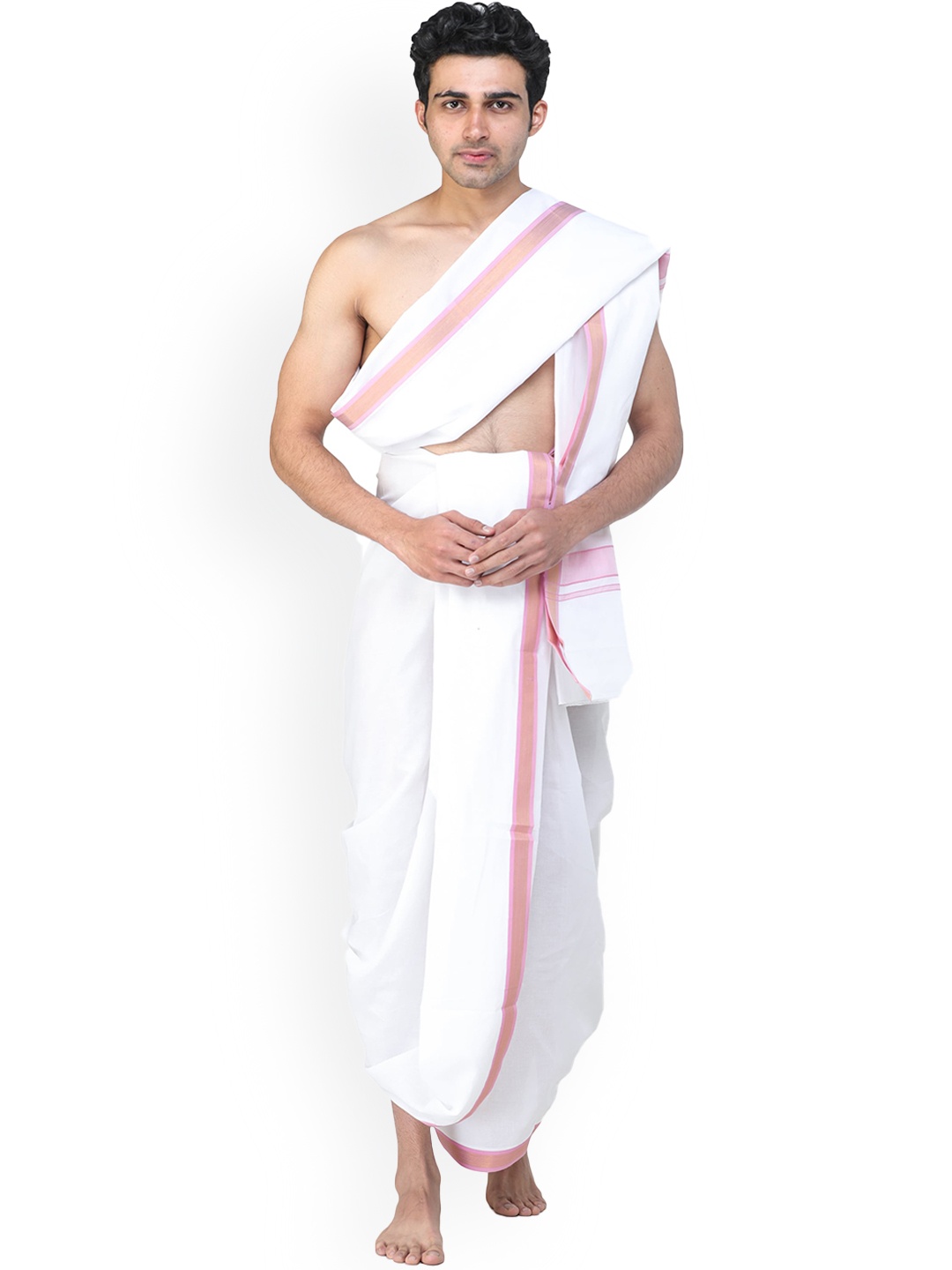 

Exotic India Pure Cotton Woven Border Dhotis With Angavastram, White