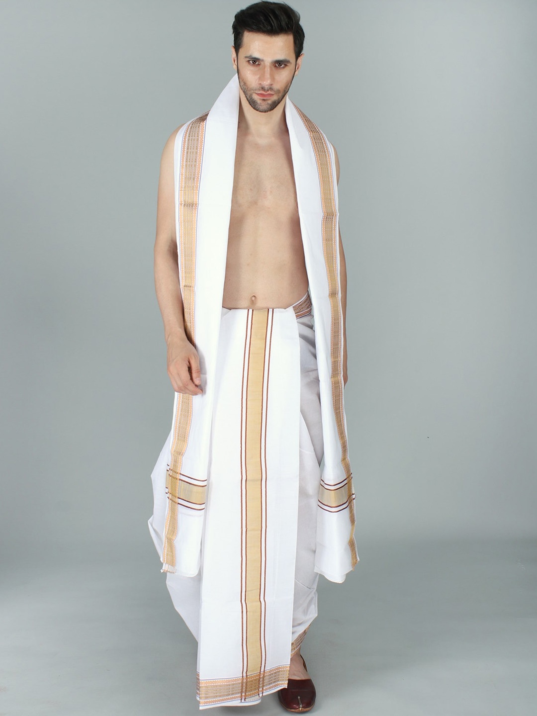 

Exotic India Sand Pure Cotton Plain Dhoti and Angavastram Set with Thread Woven Border, White