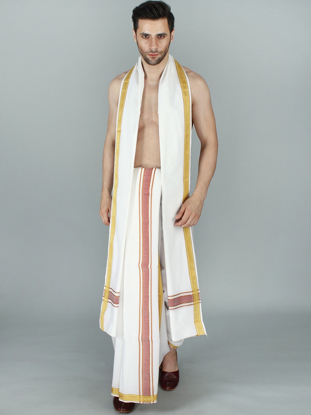 

Exotic India Men Pure Cotton Dhoti with Angavastram Set, White