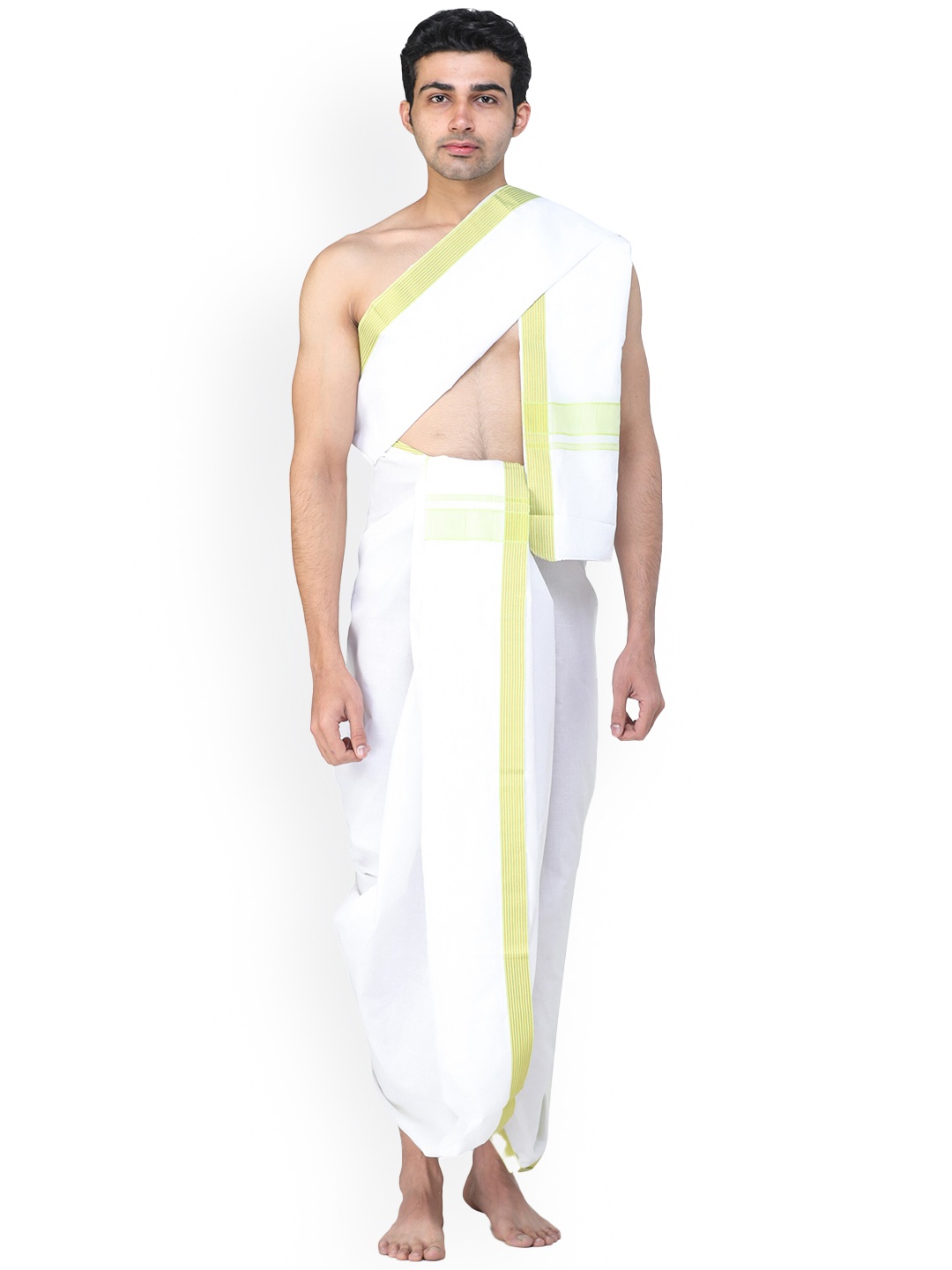 Exotic India Plain Dhoti and Angavastram Set with Thread Woven Border, White