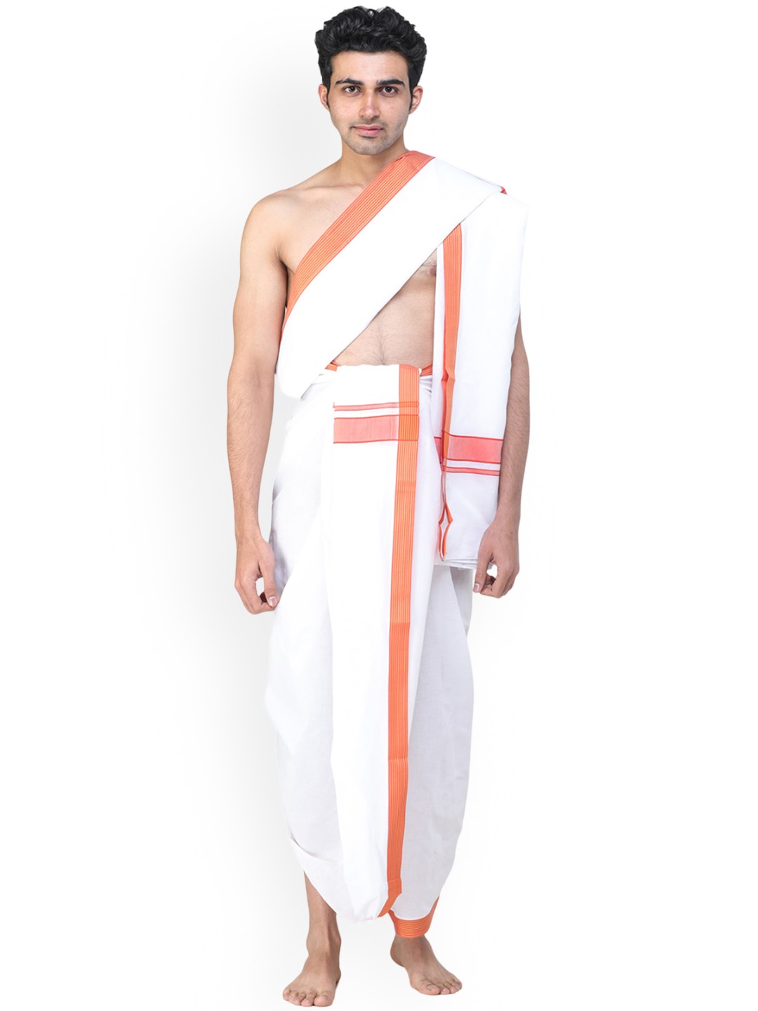 

Exotic India Pure Cotton Dhoti-Angavastram Set With Thread Woven Border, White