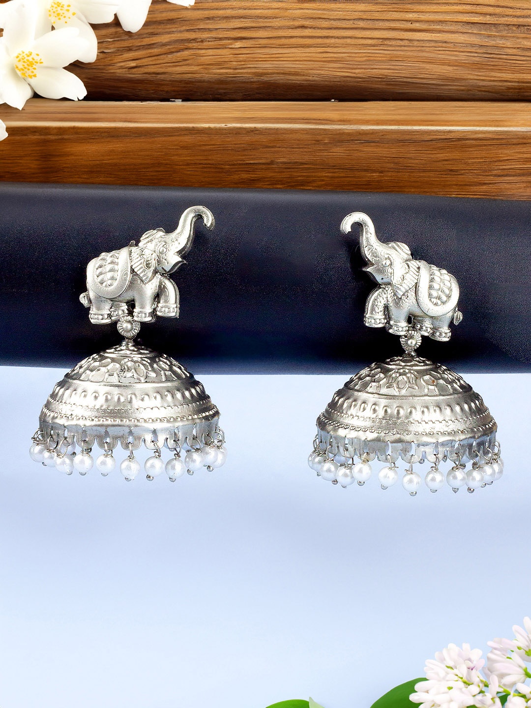

PRIVIU Silver Plated Elephant Shaped Dome Jhumkas