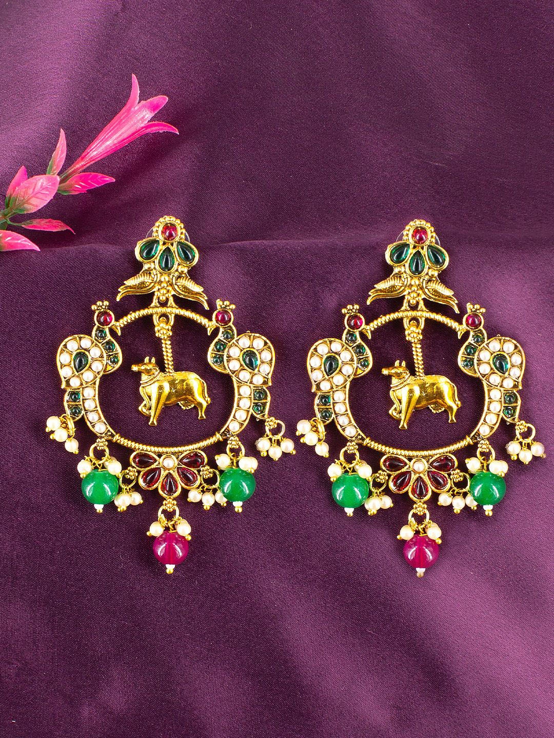 

PRIVIU Gold Plated Artificial Stones Studded & Beaded Classic Chandbalis