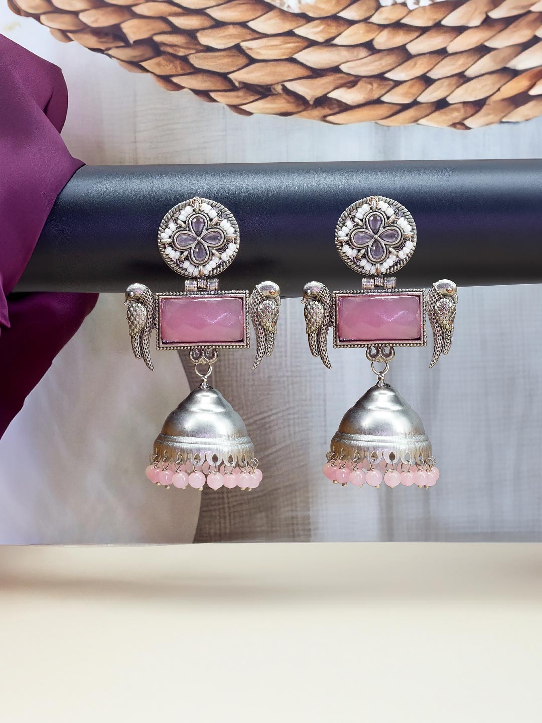

PRIVIU Silver-Plated Stone Studded Classic Jhumkas