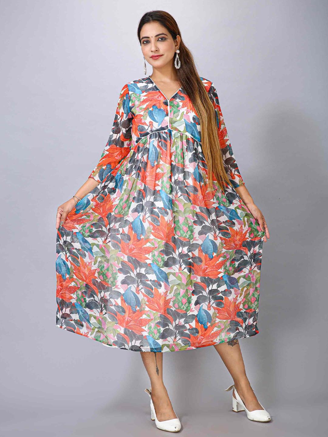

MAIYEE Floral Printed V-Neck Three-Quarter Sleeves Midi Dress, Multi