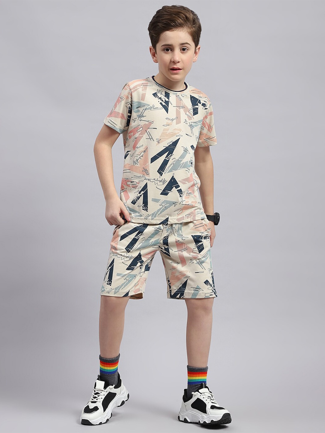 

Monte Carlo Boys Abstract Printed Pure Cotton T-shirt with Shorts, Cream