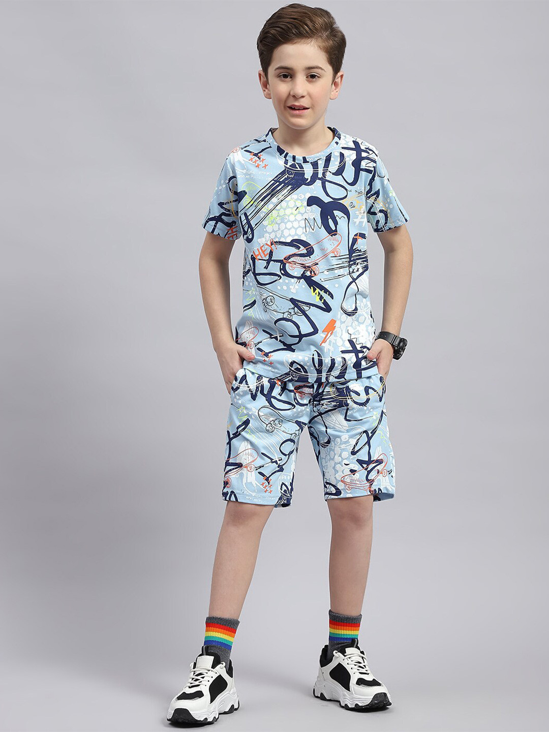 

Monte Carlo Boys Abstract Printed Pure Cotton T-shirt with Shorts, Blue