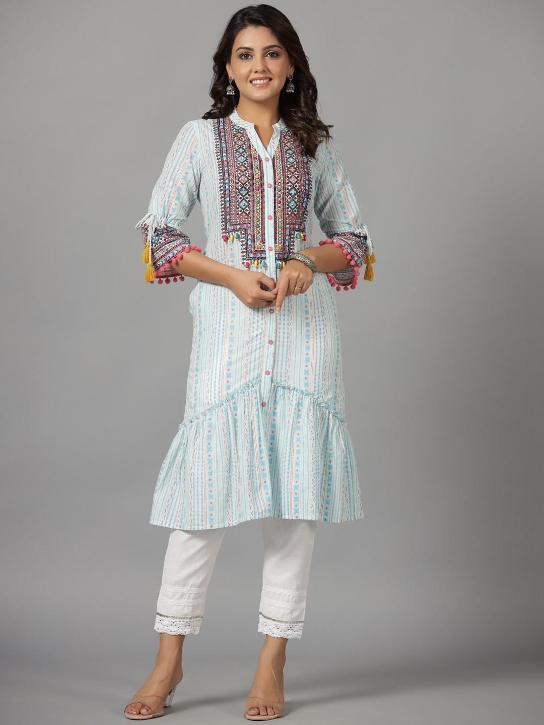 

Juniper Ethnic Motifs Printed Mandarin Collar Pure Cotton A-Line Kurta, Blue