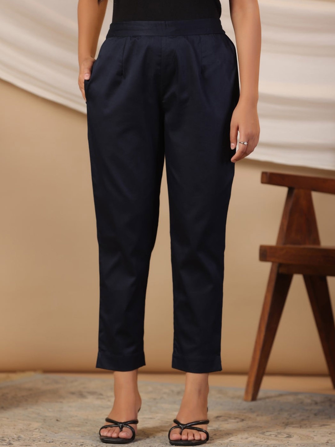 

Juniper Women Mid-Rise Comfort Slim Fit Pleated Cigarette Trousers, Blue