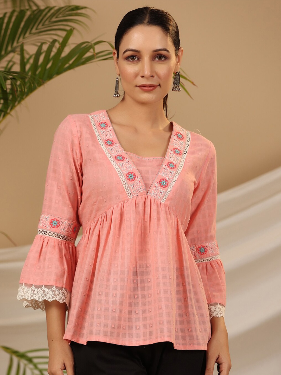 

Juniper Embroidered V-Neck Cotton Dobby Tunic, Peach